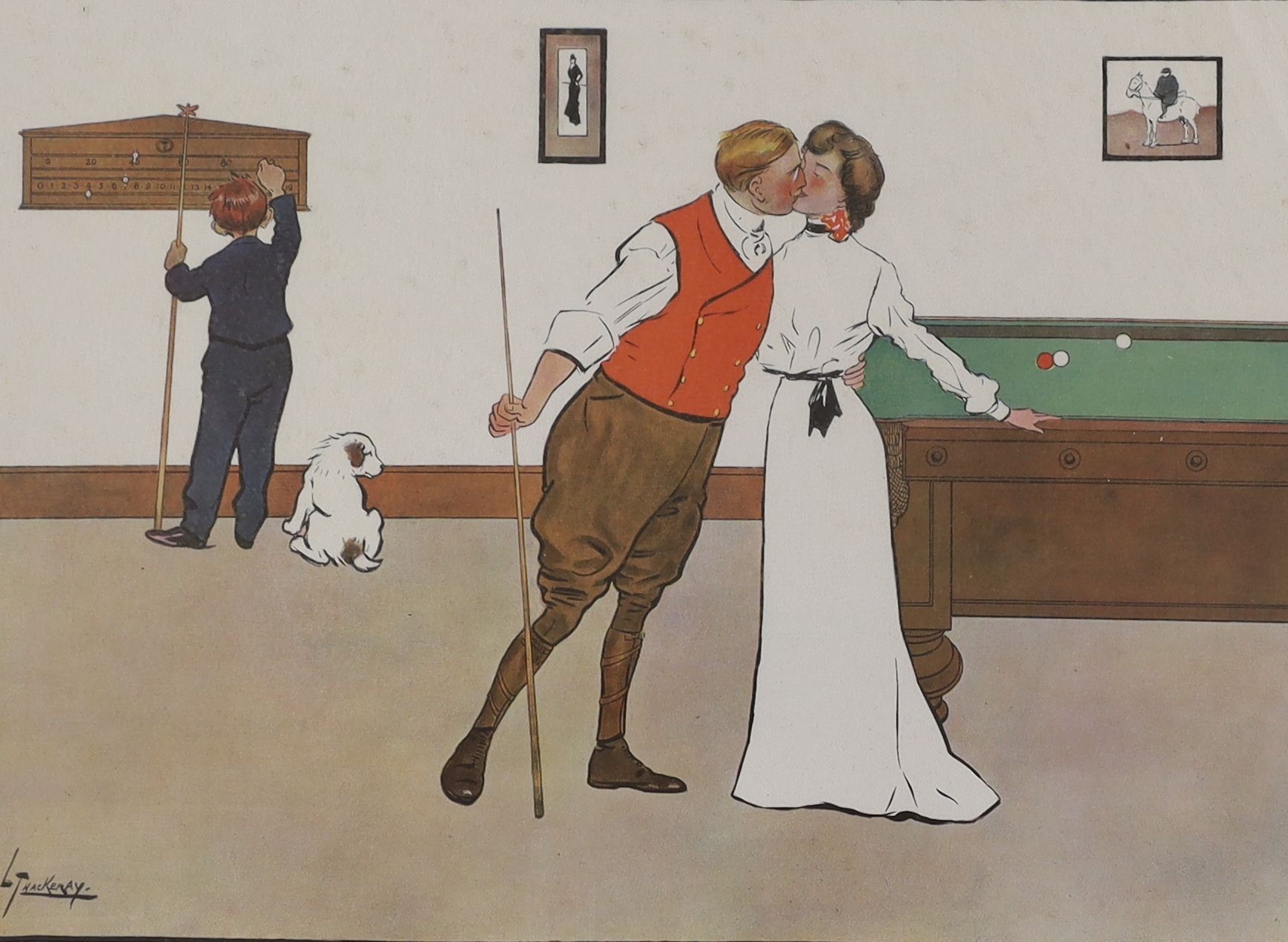 Lance Thackeray (1869-1916), a set of four chromolithographs, 'A billiard match', overall 47 x 60cm